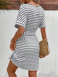 Womens Summer Short Sleeve Striped Dress Casual Tie Waist Midi Dresses