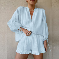 Women's Solid Color 2-Piece Set V-Neck Tie Long Sleeve Top With Short Ruffle Hem & Elastic Waist Shorts Casual Elegant Outfit