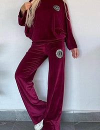 Velvet Solid Color Crew-neck Batwing Sleeve Casual Two-piece Suit Women's Clothing