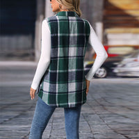 Women's Plaid Print Vest With Lapel Collar Long Sleeveless Button Front Mid-Length Jacket For Spring And Fall Layering