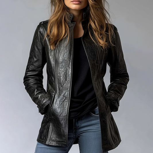 Vintage Style Women's Long Sleeve PU Jacket, Mid-Length Open Cardigan With Pockets, Casual Leather Coat