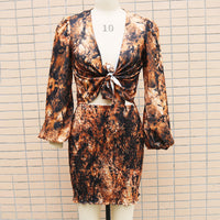 2-Piece Tie-Knot Crop Top & Mini Skirt Set – Long Sleeve Chic Outfit