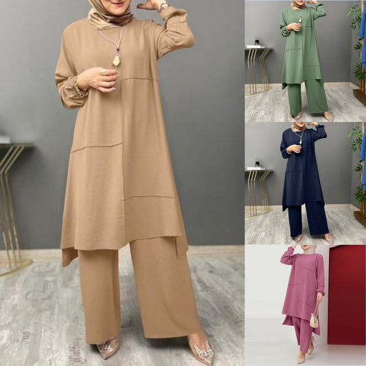 Plus Size Women's Solid Color Shirt Round Neck Elastic Cuff Top With Asymmetrical Hem & Wide-Leg Pants Set