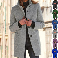 Women’s Woolen Stand Collar Coat – Fall Winter Casual Button Outwear with Pockets
