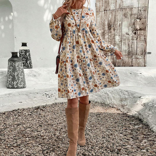 Women's Floral Print Boho Dress, Round Neck Smocked Cuff Sleeve Midi Dress With Patchwork Design For Spring And Fall