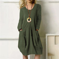 Women's Cotton Linen Loose Casual Solid Color Pocket Dress
