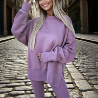 Women's Solid Color 2-Piece Set Casual Tracksuit, Long Sleeve Crewneck Sweatshirt With Side Slits & Slim Fit Jogger Pants